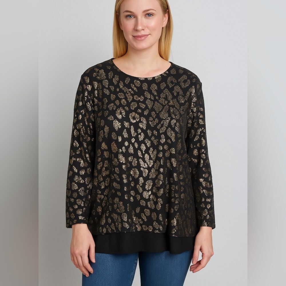 In Italy Metallic Leopard Print Long Sleeve Blouse Top One Size